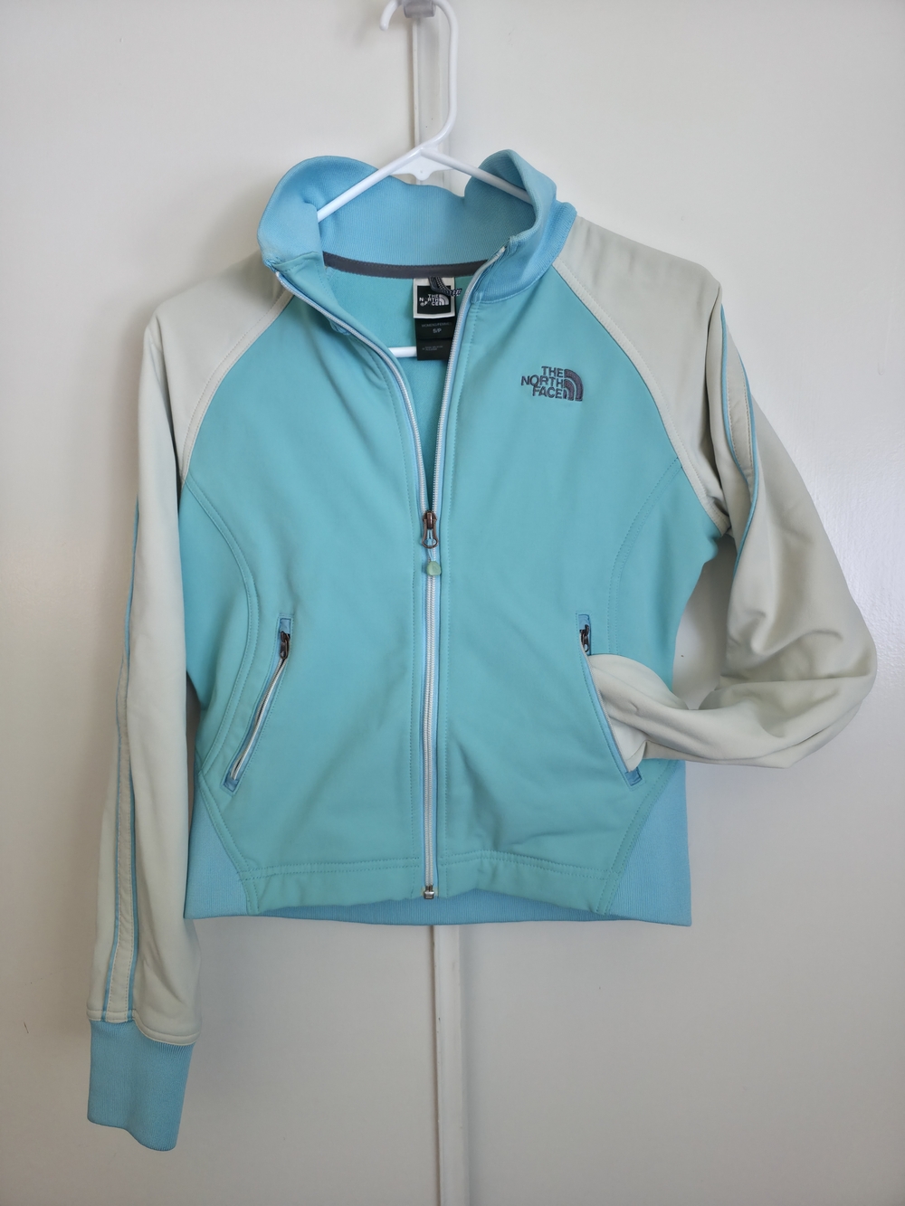 The North Face Aqua and Cream Softshell Zip-Up Jacket